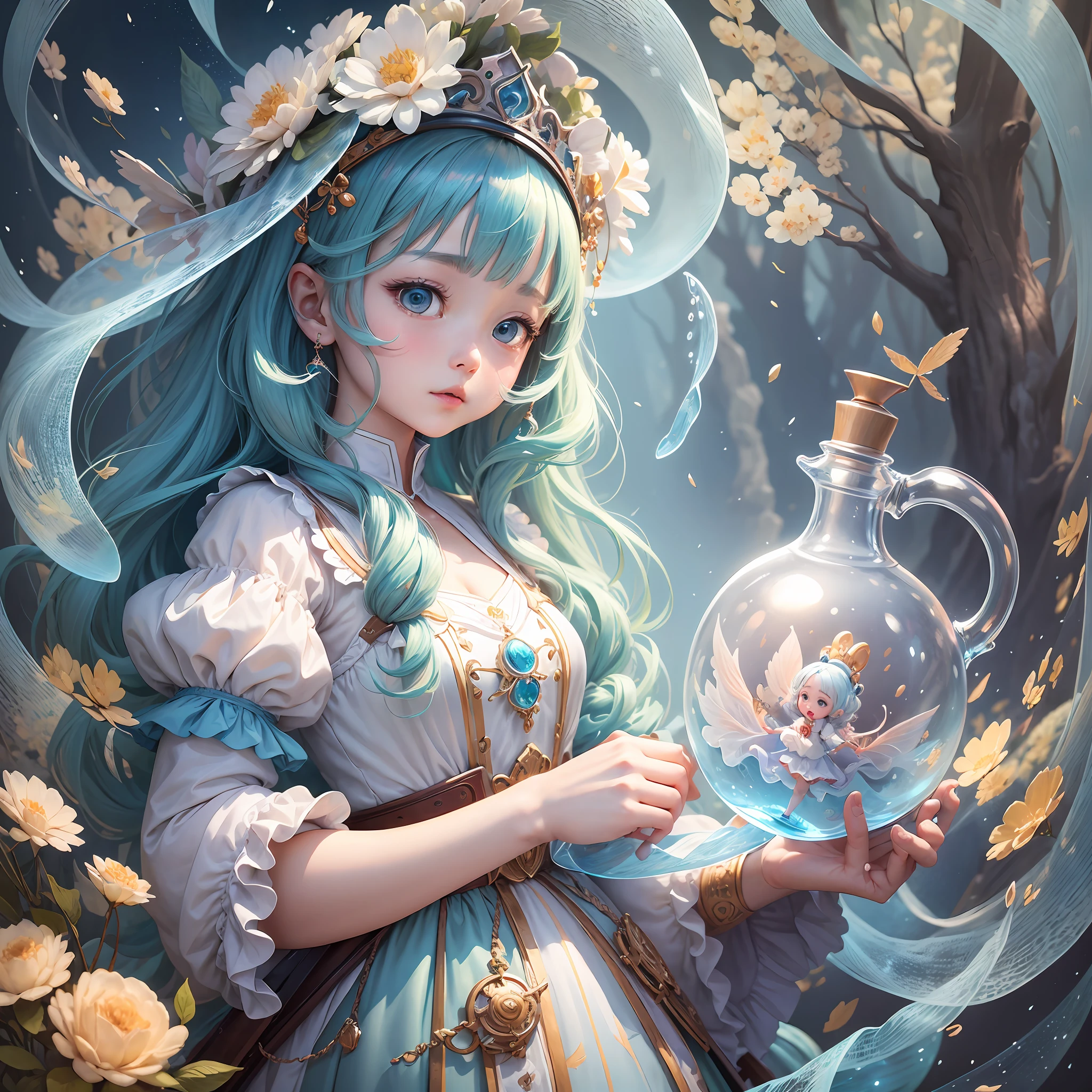 Anime girl with blue hair holding a glass jar with a flower in it - SeaArt  AI