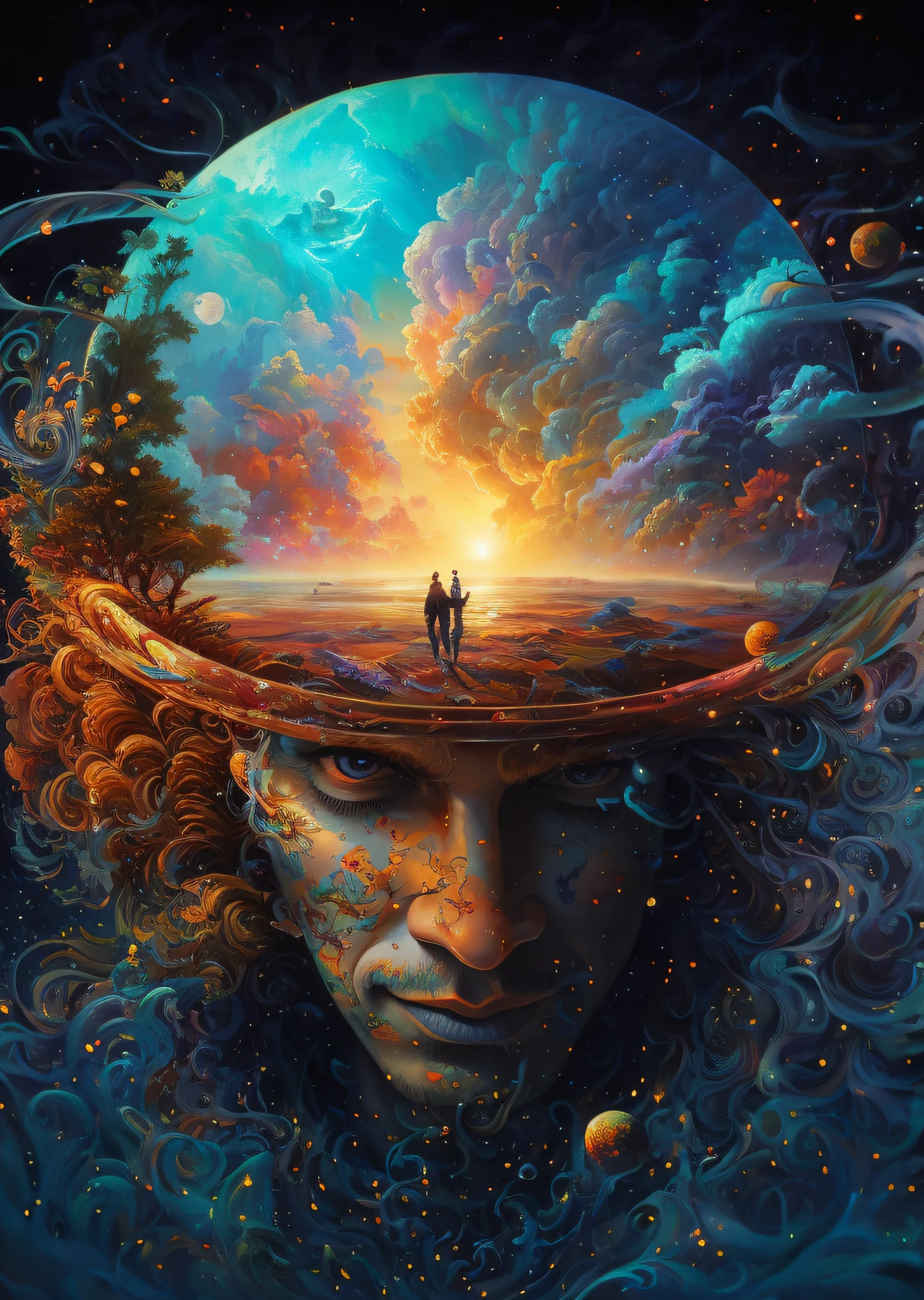 painting of a man with a surreal face and a surreal landscape, psychedelic surreal art, cyril rolando and m. w kaluta, cyril rolando and m.w kaluta, beautiful art uhd 4 k, epic surrealism 8k oil painting, 4k highly detailed digital art, by Cyril Rolando, visionary art style, inspired by Cyril Rolando, consciousness projection