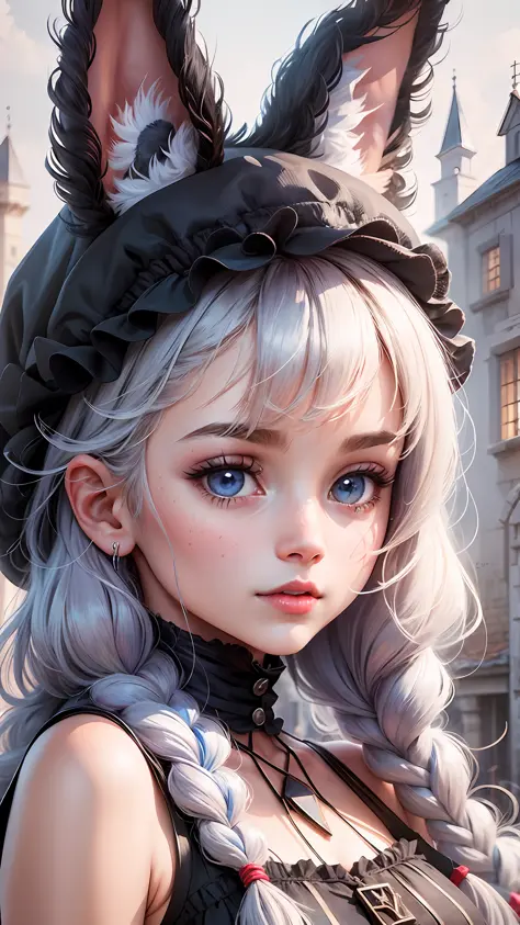 illustration: 10, masterpiece, best quality, Alberobello town, a cute black bunny girl, (solo), panorama, telephoto lens, front, looking at the viewer, furry, cute bunny hat, sweet, shiny skin, braided hair, crystal eyes, perfect facial features, red lips,...