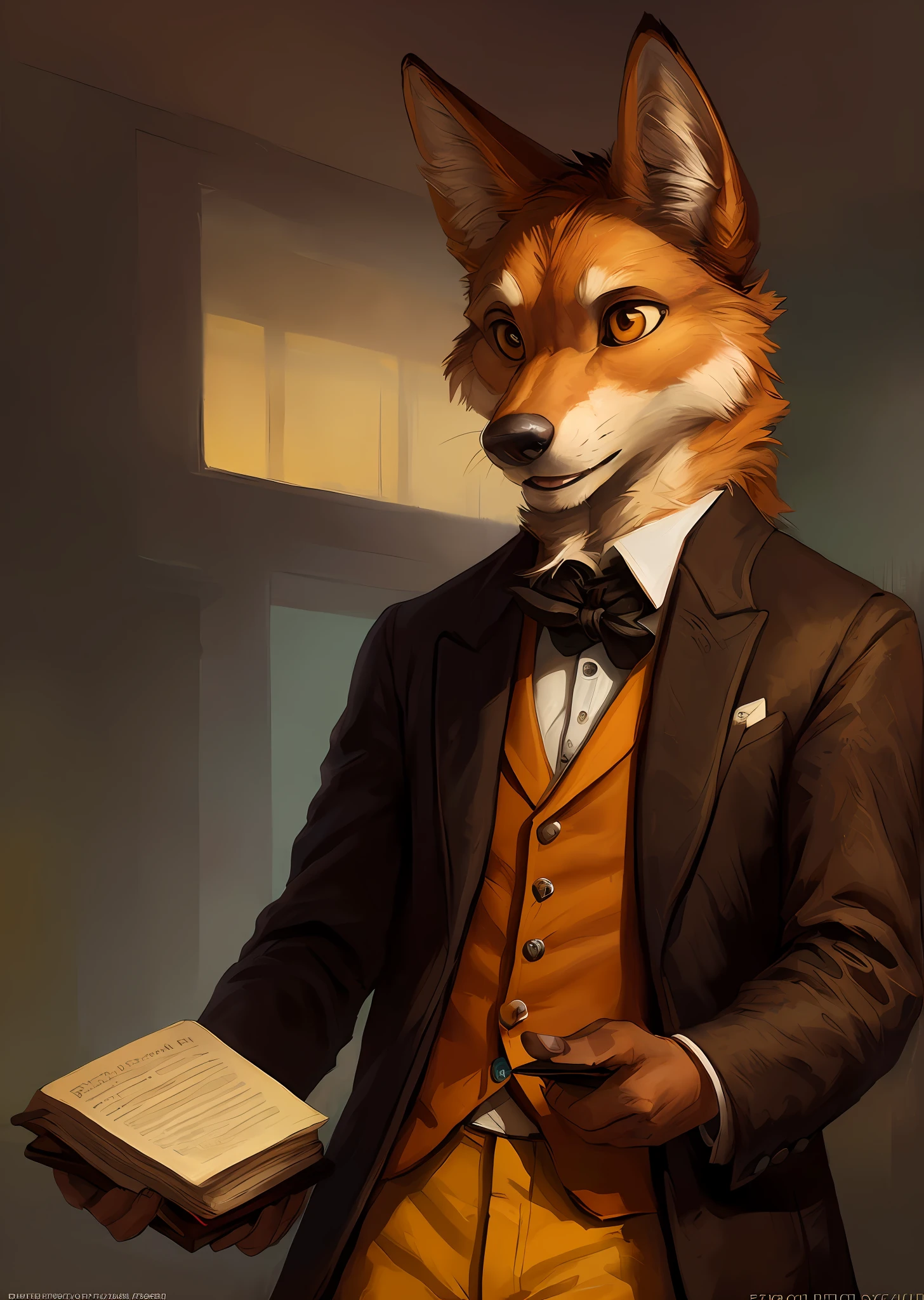 beautiful and detailed portrait of a male anthro coyote, kenket, Ross Tran,ruan jia, uploaded to e621, zaush, foxovh, cenematic lighting, ((victorian suit)), [yellow bowtie],(((surprised, gentle))), ((holding books))