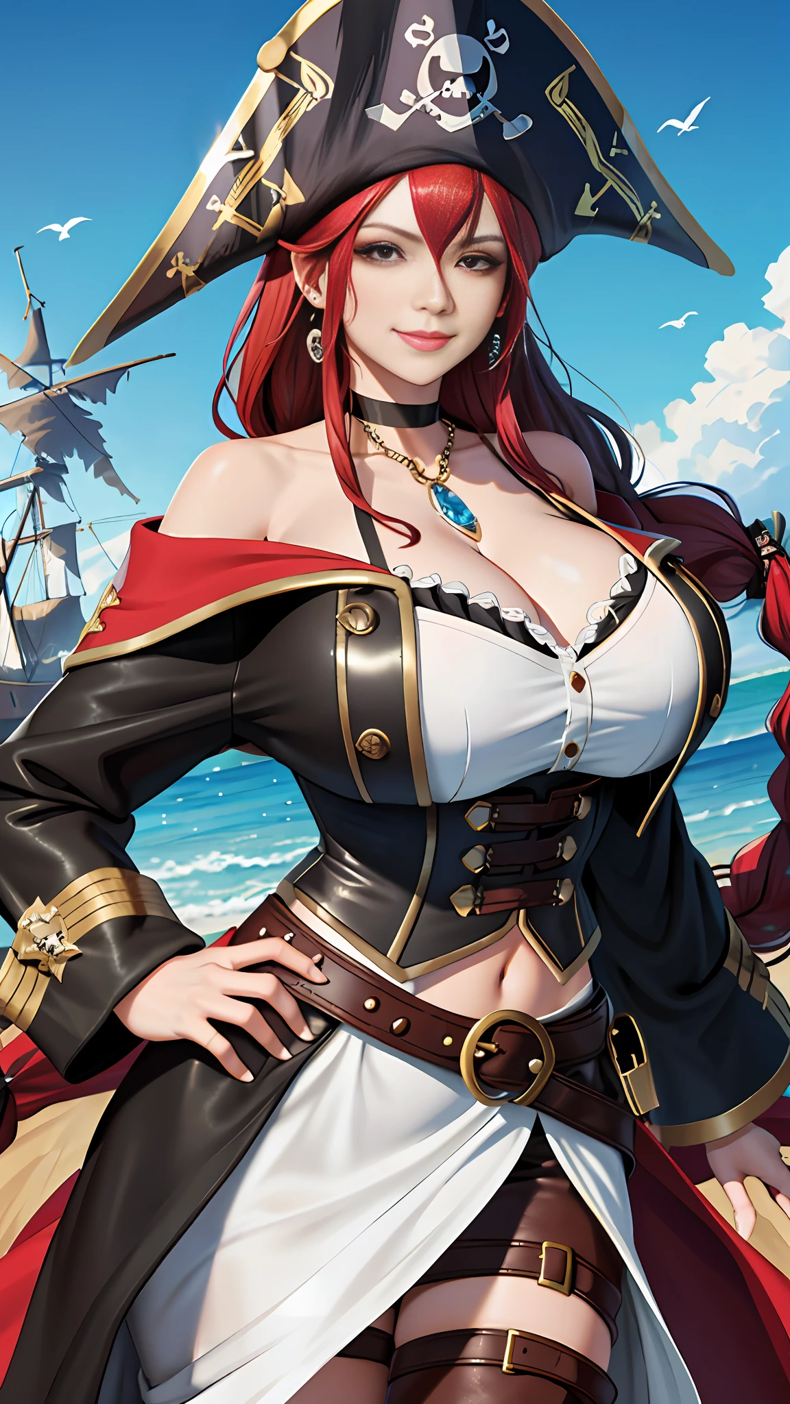 1girl, (pirate, pirate hat:1.1),close-up,(gigantic breasts:1.2), bare shoulders, off shoulder, ornate, (coat:1.1), hat feather, navel, belt, corset,choker, (jewelry), earrings, dress, leather, shiny, (deck:1), sunlight, smirk, grin, hand on hip, looking at viewer,long hair, red hair, braid,birds, (bluse sky),glitter,feathers  (masterpiece, high quality:1.2)