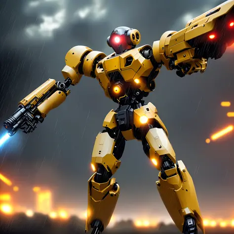 High quality, robotic body, full body, red eyes, rotating machine gun built into hand, rainy weather, sunny weather, metallic face, face with metal mask, shooting, shooting effect, yellow effect with white, revolver bullets, bullets being fired