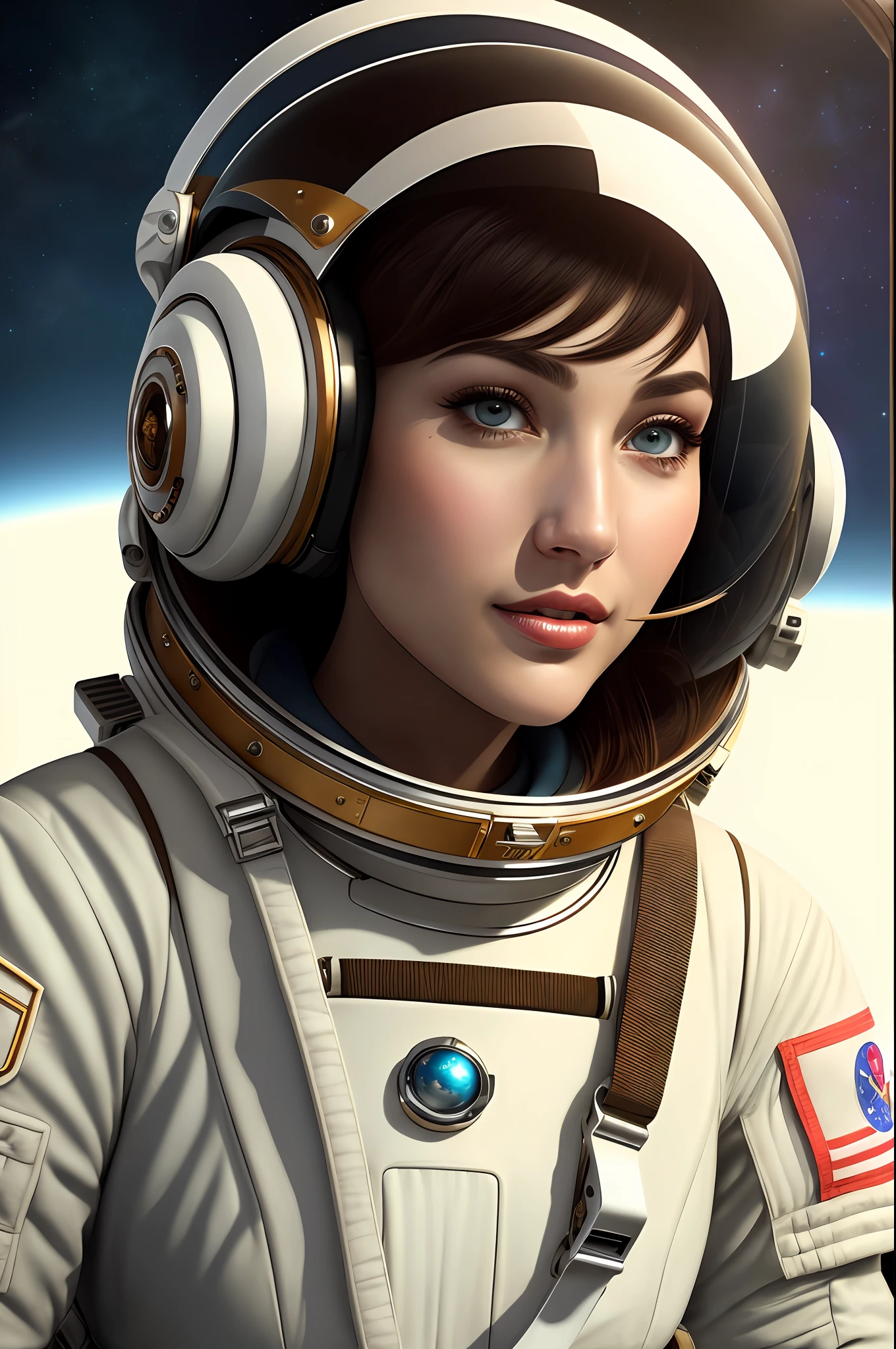 timeless style, style, masterpiece, best quality, 8k, pixiv, artstation, official art, high details, sharp focus, best realistic comic illustration, portrait of a beautiful astronaut girl wearing retro space suit, in the fit body of the cockpit of her spaceship, space background, (perfect face: 1.2), (perfect eyes: 1.4), sharp eyes, hazelnut eyes, highly detailed pupils, (sexy lips:  1.2), (classic style \(comic\): 1.5), (flat color: 1.5), medium shot, (focus on face: 1.2), (looking at viewer:1.2)