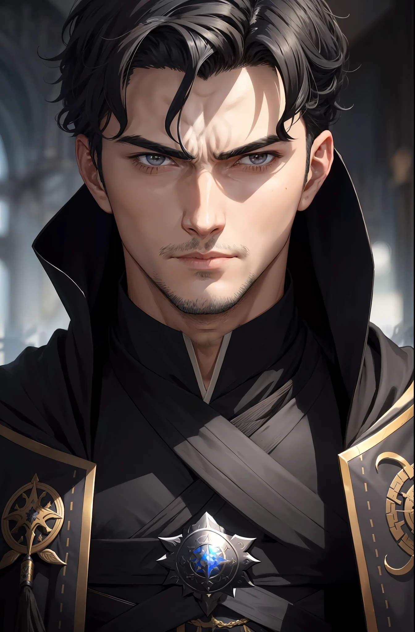 a close up of a man with black hair and stubble, anime, masterpiece, portrait, best quality, intricate details, drawing, dim colors, handsomemanly detailed face, 27 years old male, ultra detailed, gray eyes, short unndercut, fate unlimited blade works, royal mage robe, 1boy,