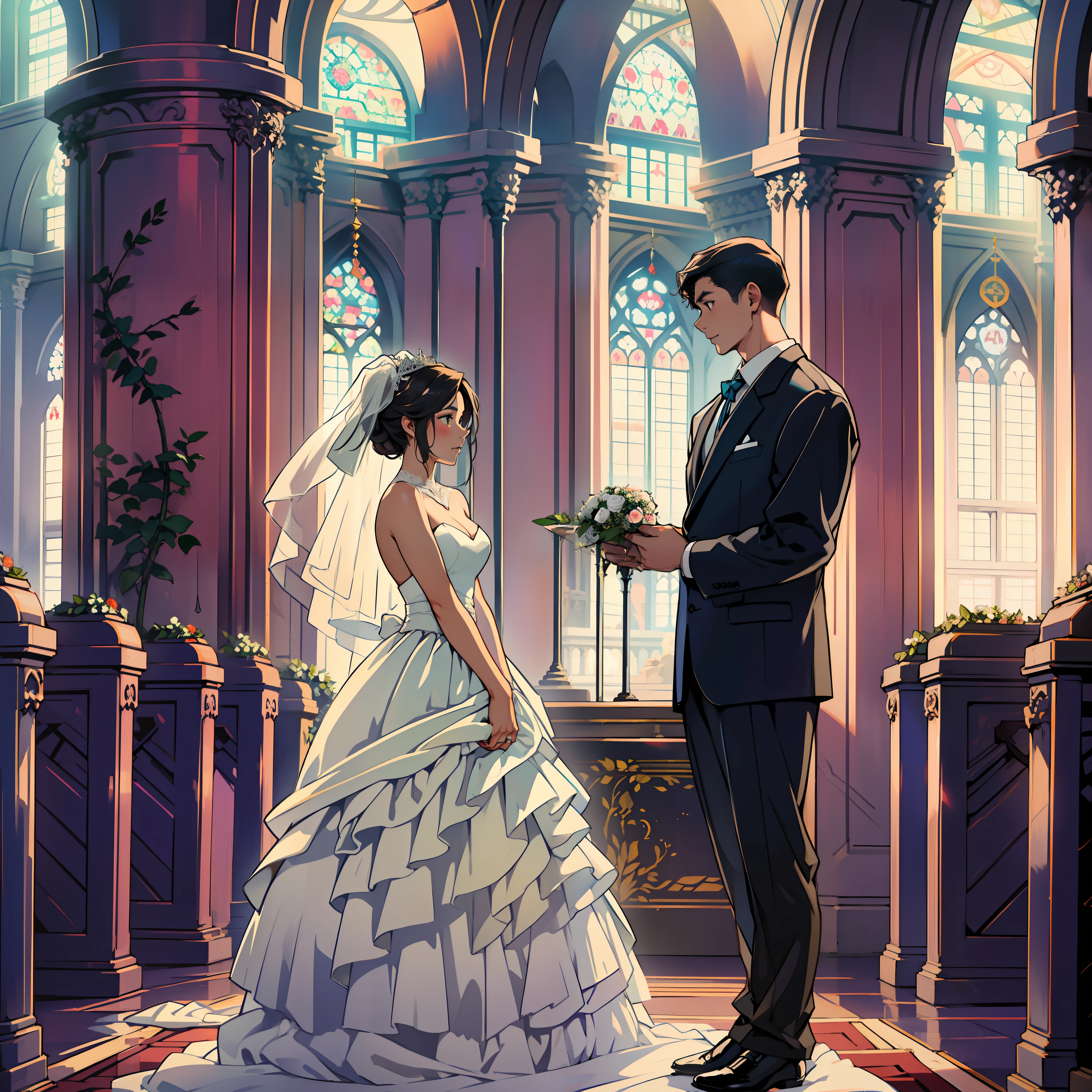 Escena de boda anime de una novia y un novio parados en una iglesia -  SeaArt AI