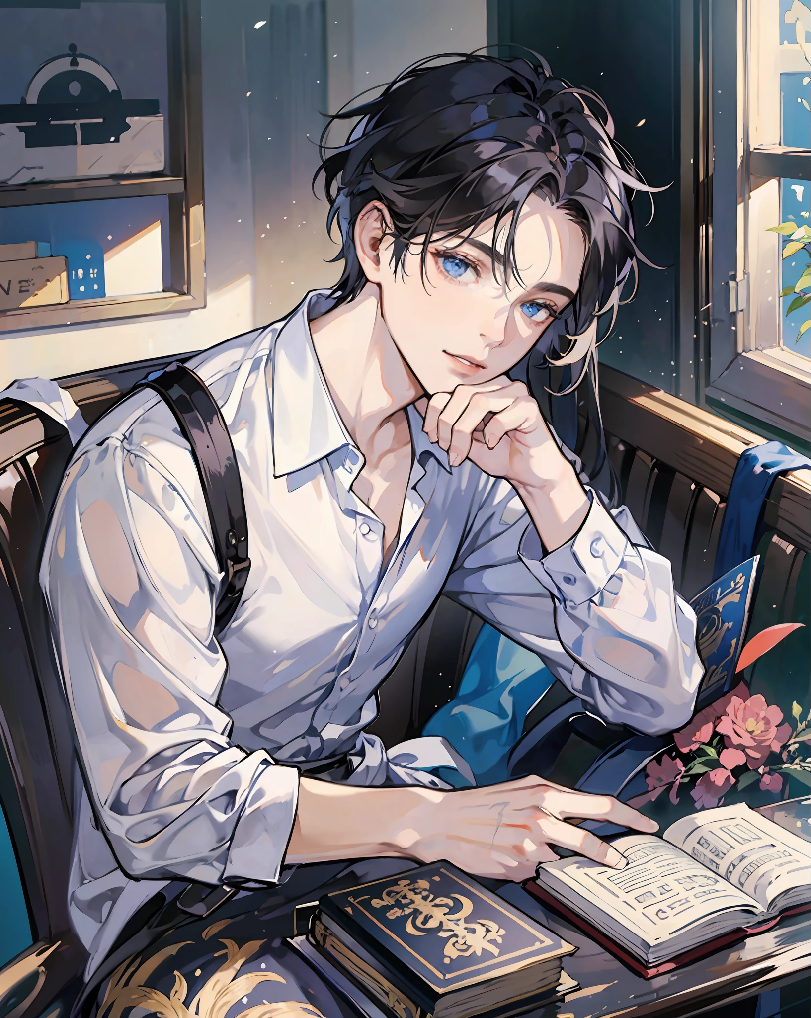 masterpiece, 1guy, black hair, blue eyes, beautiful eyes, white shirt, sitting at a table, reading a book, magic, portrait