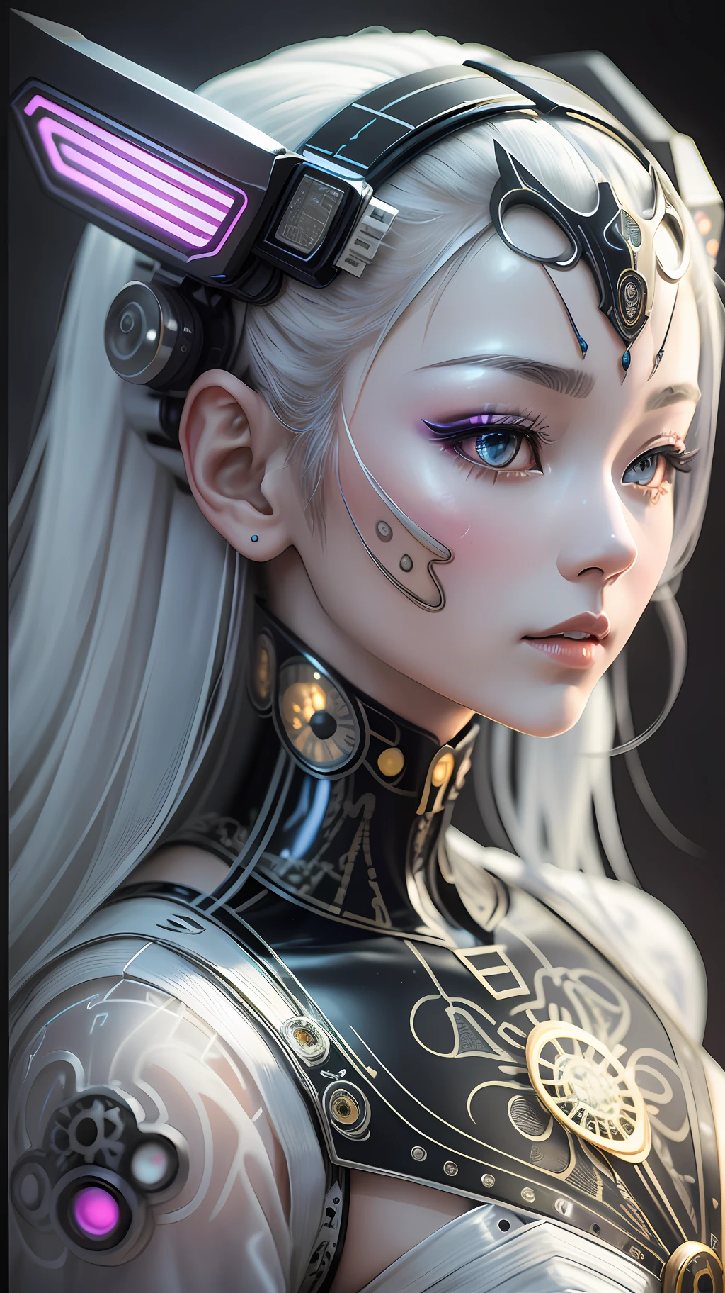 A portrait photograph of mid-twenties Japanese female robot made of shiny white and silver transparent glass and plastic, geisha makeup and hairstyle, silver metal internal body mechanisms, dynamic pose, flowing organic construction, detailed engraving, lacework designs, glowing golden circuitry, colorful neon trim, detailed engraving, lacework designs, glowing circuitry, neon trim, art by H.R. Giger, Greg Rutowski