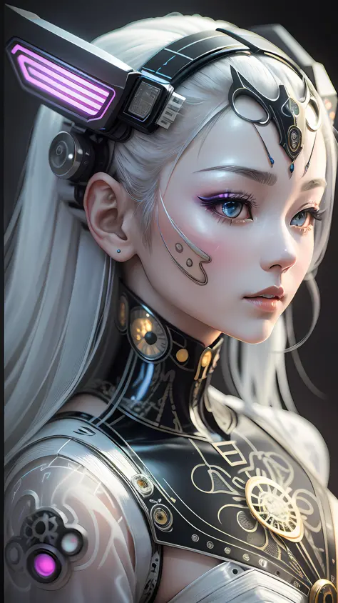 A portrait photograph of mid-twenties Japanese female robot made of shiny white and silver transparent glass and plastic, geisha makeup and hairstyle, silver metal internal body mechanisms, dynamic pose, flowing organic construction, detailed engraving, la...