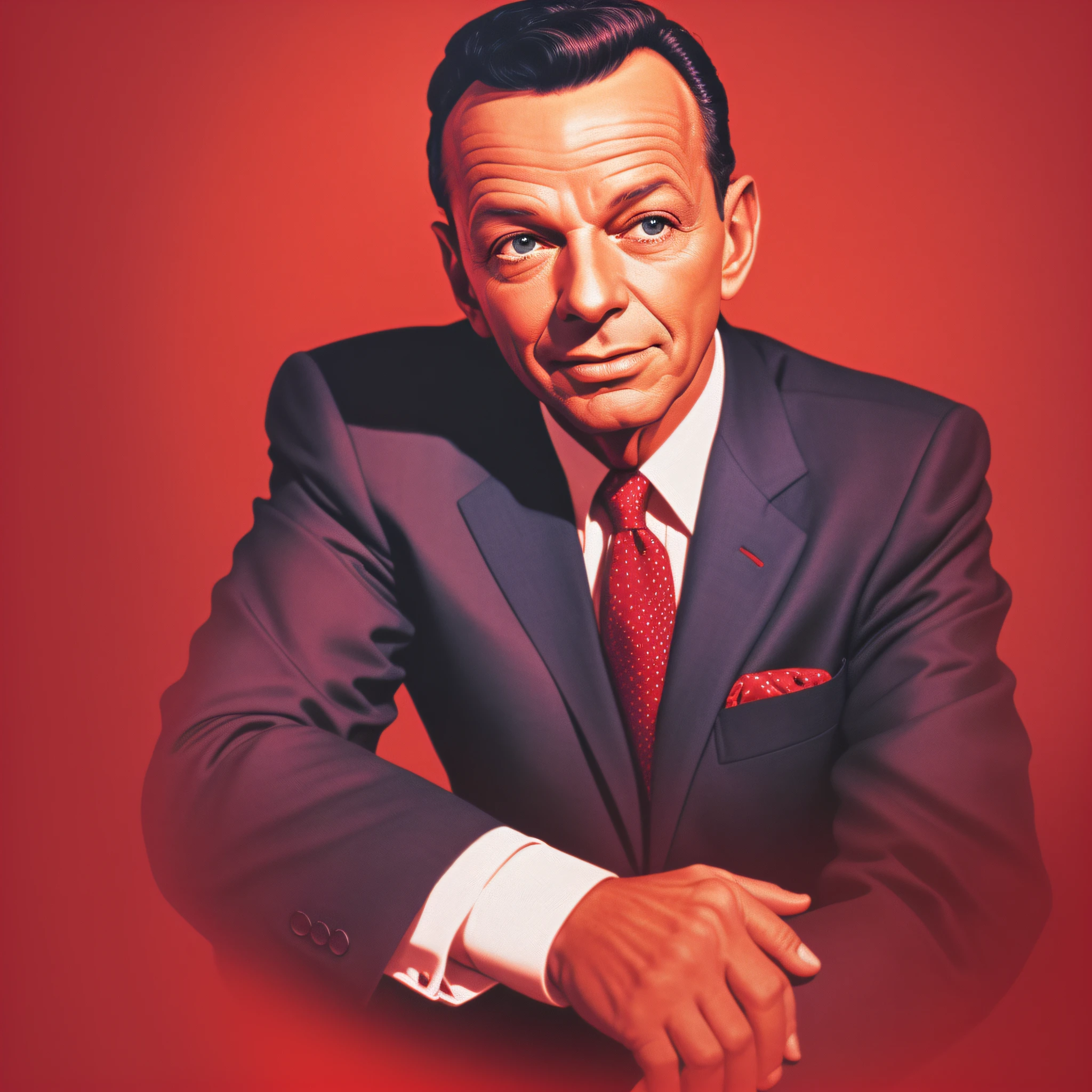 Realistic image of Frank Sinatra, captured with a professional-grade DSLR camera, red colors, tender light, pastel colors