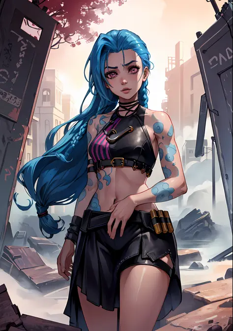 analog style, (JinxLol: 1.1), 1girl, (shiny pink eyes: 1.7, blue hair), (shiny body), looking at the viewer, night: 1.3)), medium chest, tattoo on the arm, tattoo on the abdomen, (blood on the face: 1.5),
Best quality, epic (photo by Lee Jeffries, Sony A7,...