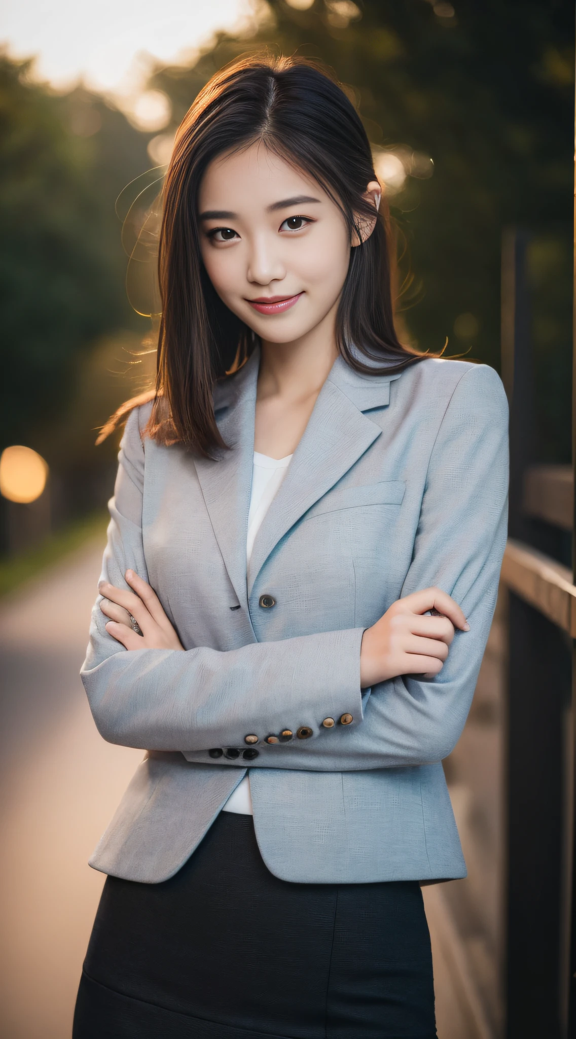 (((top quality, 8k, masterpiece))), crisp focus, (beautiful woman with perfect figure), slender, (hairstyle: up)), ((suit: black)), night road: 1.2, Highly detailed face and skin texture, detailed eyes, double eyelids, (smile), Japan person, skirt, cute