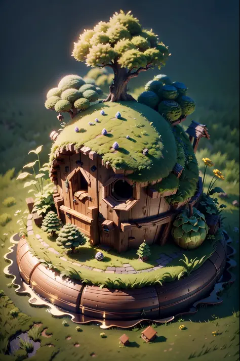 (isometric 3D),(masterpiece),  (extremely detailed CG unity 8k wallpaper), (best quality), (best illustration), (best shadow),
a cute ,A round turnip hut covered with moss
,octane render,ray tracing,ultra detailed
