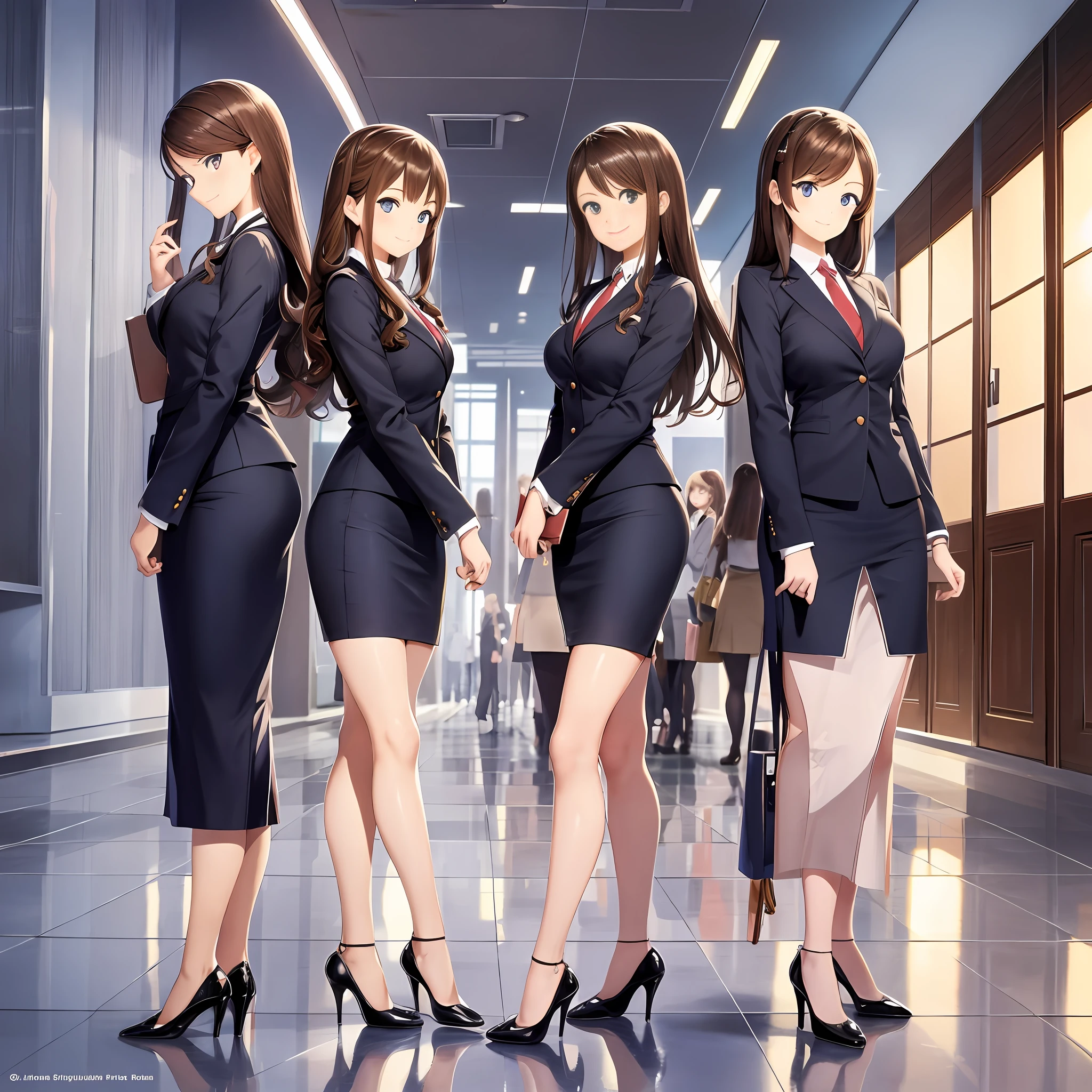 perfect anime illustration, multiple girls, thousands of girls, millions of girls, clones, identical sisters, brown hair, curly hair, long hair, matching hairstyle, hazel eyes, smiling, white skin, business attire, blue skirt suit, pencil skirt, black high heels, matching outfits, businesswomen, highres, office, full body, bare legs, neat rows of sisters, neat columns of sisters, sisters standing in formation, sisters in background