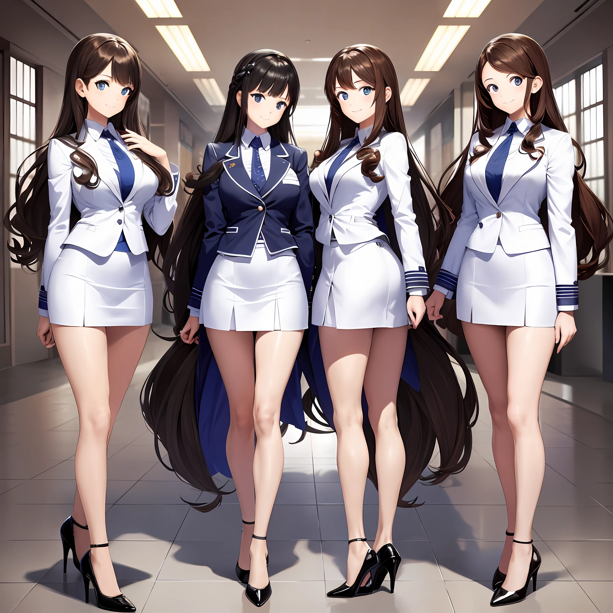 perfect anime illustration, multiple girls, thousands of girls, millions of girls, clones, identical sisters, brown hair, curly hair, long hair, matching hairstyle, hazel eyes, smiling, white skin, business attire, blue skirt suit, pencil skirt, black high heels, matching outfits, uniforms, businesswomen, highres, office, full body, bare legs, neat rows of sisters, neat columns of sisters, sisters standing in formation, sisters in background