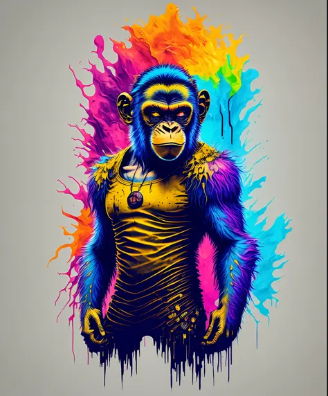 (a portrait of Cyberpunk Monkey with colored fluid), T-shirt logo in tapered thin outline style, spell view, artwork in (empty b...
