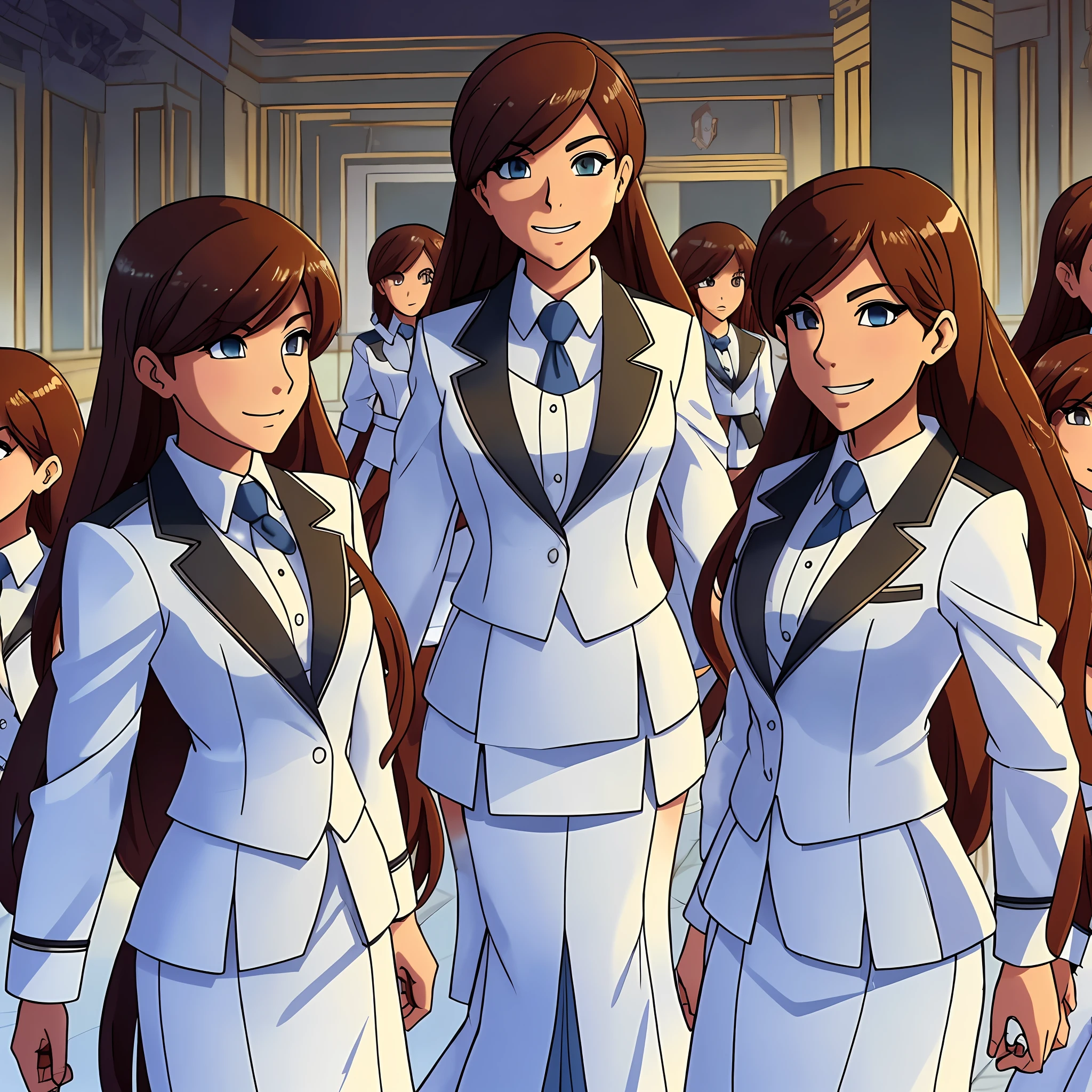 perfect anime illustration, multiple girls, thousands of girls, millions of girls, clones, identical sisters, brown hair, curly hair, long hair, matching hairstyle, hazel eyes, smiling, white skin, business attire, blue skirt suit, pencil skirt, black high heels, matching outfits, uniforms, businesswomen, highres, office, full body, bare legs, neat rows of sisters, neat columns of sisters, sisters standing in formation, sisters in background