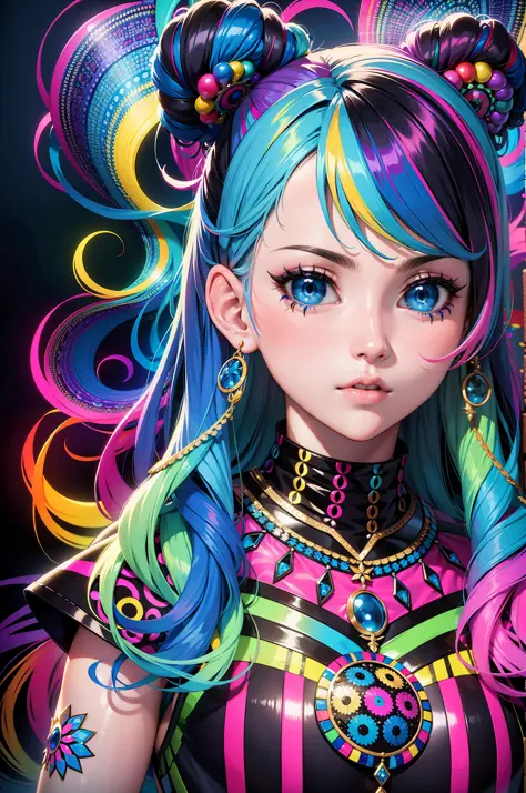 (best quality, masterpiece): psychedelic girl, blue eyes, multicolored hair, bright colors, black background, multiple patterns,...