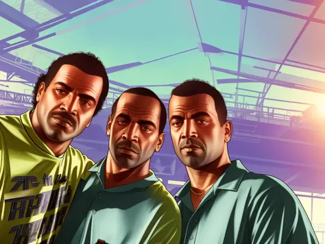 a portrait of  3 homies, gtav style, masterpiece, ultra detailed.background is the danube on budapest. te photo takesplace on a ship. there is a party on the ship. in the style of gtav, grand thieft auto V, GTA art style.