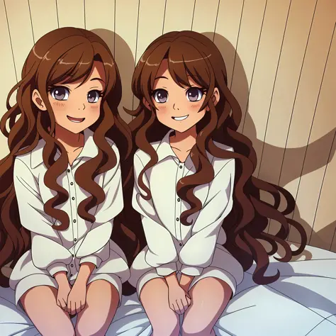 perfect anime illustration, 2girls, twins, brown hair, curly hair, long hair, different hair colors, hazel eyes, smiling, white ...