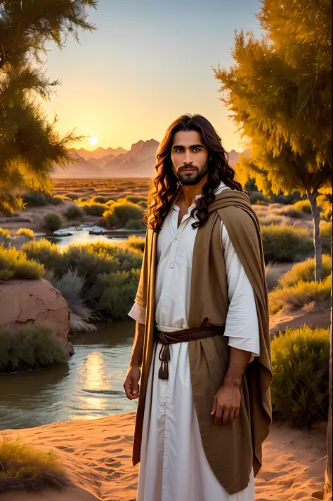 Biblical image, open plan, earthy tone, of a young man of 30 years of age, looking to the side, with brown skin, loose hair, long wavy dark hair, soft facial features, with serene expression, expressive eyes of brown color, wearing typical clothes of the M...