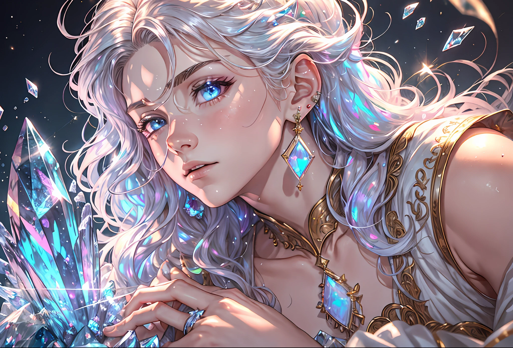 Extreme detail, high definition, 8k, masterpiece, masterpiece, depicting delicate hands, low saturation, beautiful boys, male, fluttering hair and clothes, depicting delicate facial features, depicting delicate eyes, opal-like eyes, light hair, earrings, crystals, glass, sparkling, shiny, diamond-like transparent hair, hair refracting rainbow light, diamonds, crystal fragments