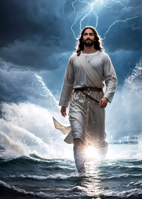 Jesus with soft expression smiling walking on water in a storm, streaks of light descending from the sky, masterpiece, high qual...