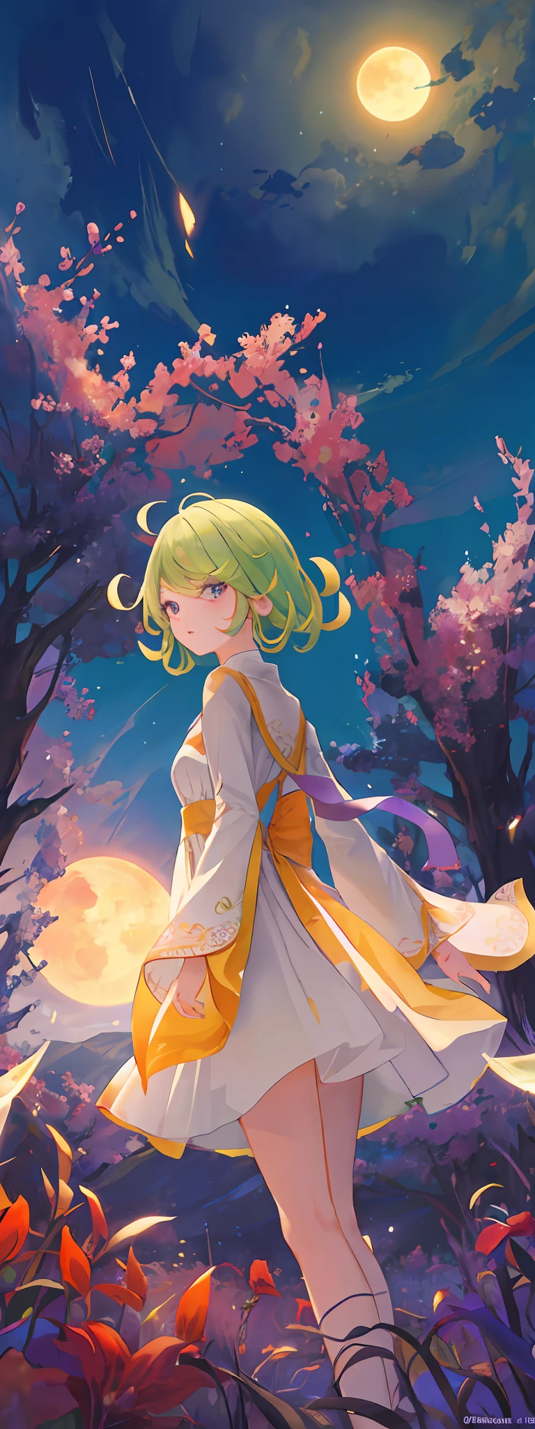 A wide landscape photo (view from below, the sky is above and the open field is below), a Tatsumaki standing in a field of flowers looking up (full moon: 1.2), (meteor: 0.9), (nebula: 1.3), distant mountains, BREAK Crafting Art Trees, (Hot Light: 1.2), (Firefly: 1.2), Lights, Very Purple and Orange, Intricate Details, BREAK Volumetric Lighting (Masterpiece:  1.2), (Best Quality), 4k, Ultra Detailed, (Dynamic Composition: 1.4), Rich in Detail and Color, (Rainbow Color: 1.2), (Brightness, Atmospheric Lighting), Dreamer, Magician, (Solo: 1.2)