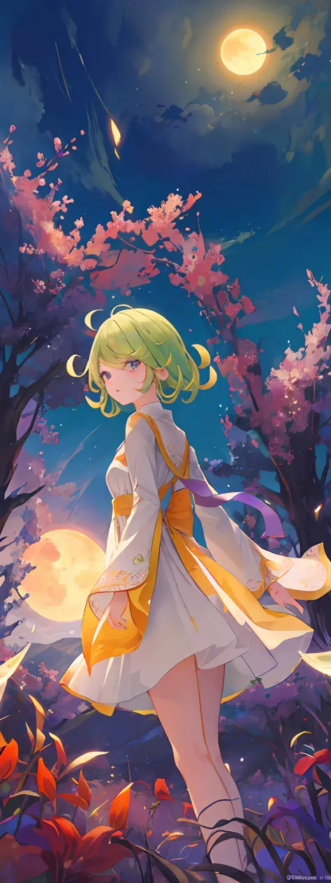 a wide landscape photo (view from below, the sky is above and the open field is below), a tatsumaki standing in a field of flowe...