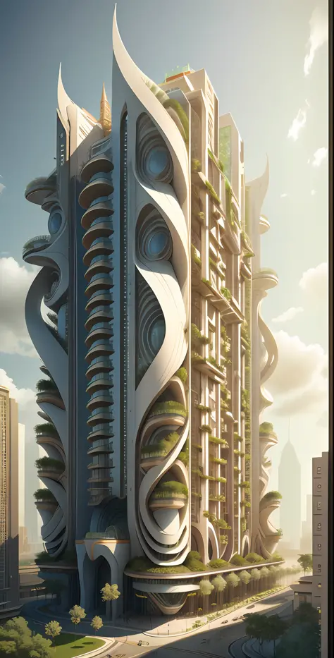 A tall building in a futuristic city designed by Zaha Hadid, futuristic buildings, modern buildings, imagination, integration between the future and the past, hanging gardens, hanging gardens of Babylon, sustainability, future technology, architectural cre...