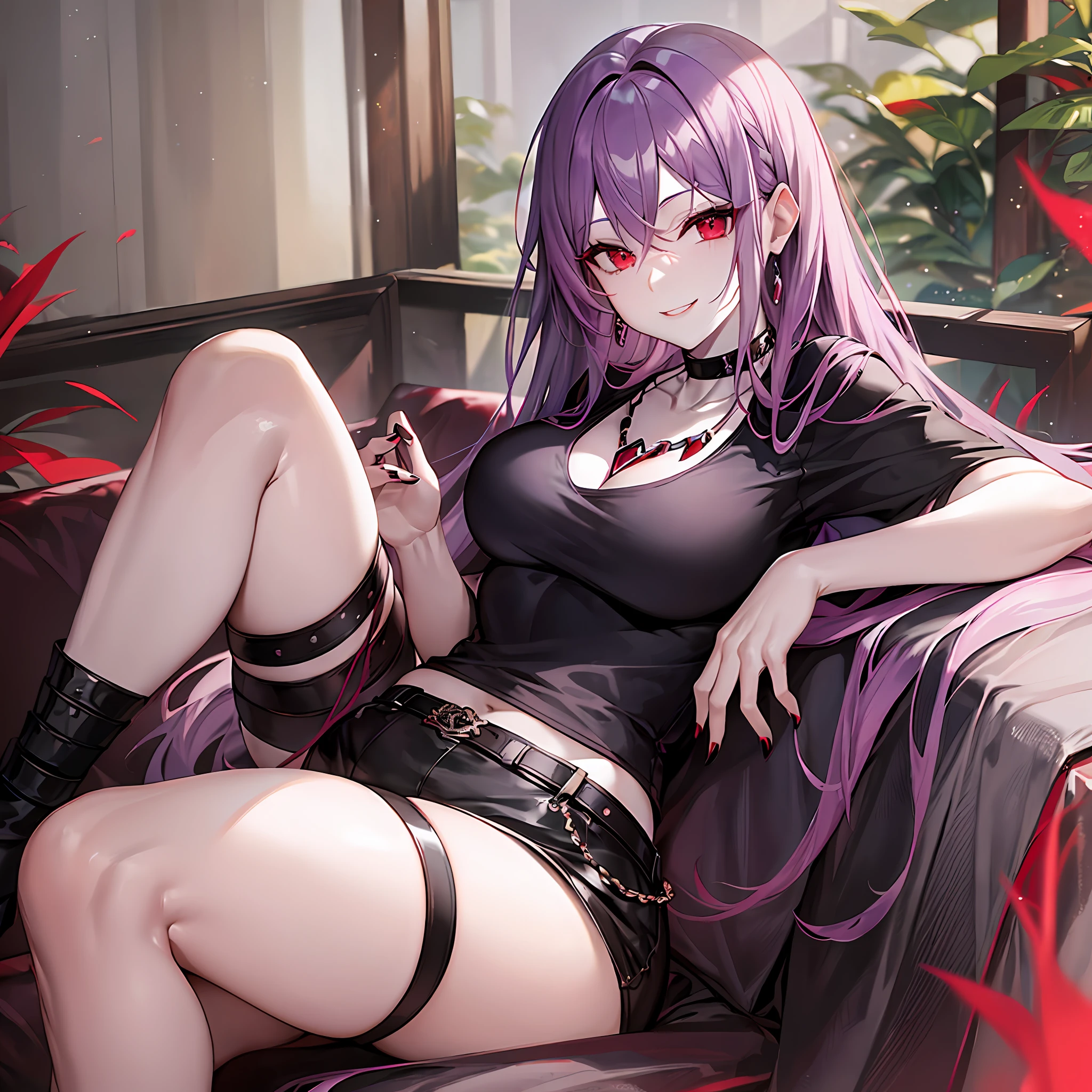 Red eyes, pale skin, medium light purple hair, medium breasts, black nails, thicc thighs, red crystal necklace, black t-shirt, black shorts, sitting on the sofa, smiling, cowboy shot, female, masterpiece