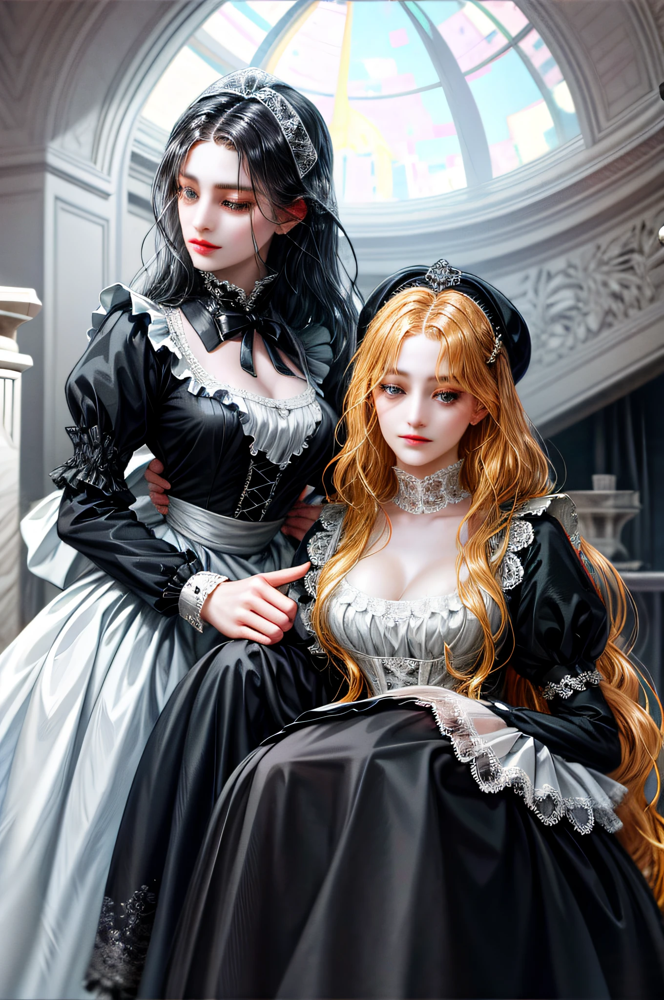 Two women in gothic costumes posing for a photo in a church - SeaArt AI