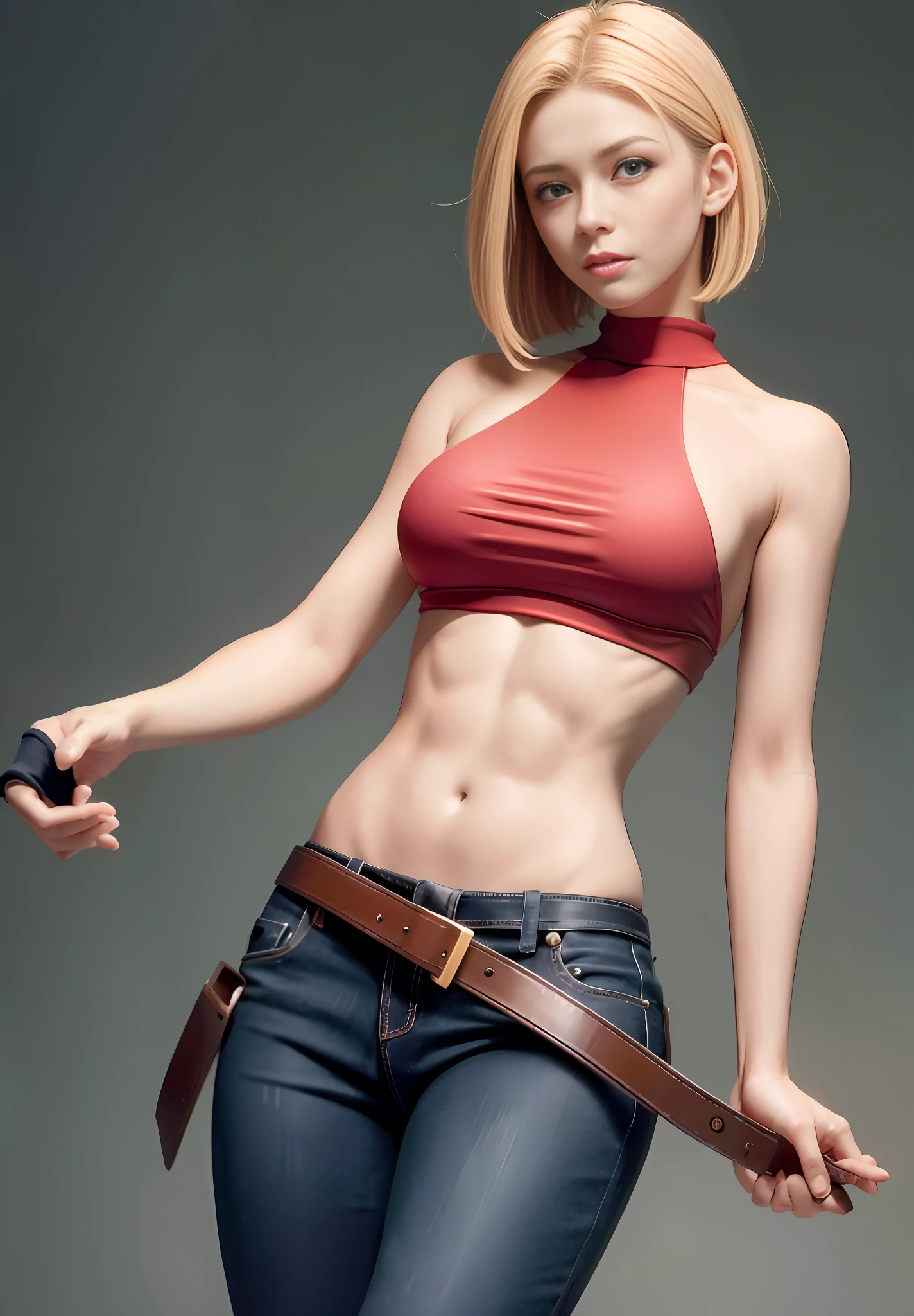 Maryms, Top Quality, (Beauty), 1girl, Physically Based Rendering, Ultra High Resolution, (Cowboy Shot: 1.5), Narrow Waist, Skinny, Red Sports Bra, Muscular, Big Blue Eyes, Long Legs, Low Rise Jeans, Leather Belt, Big Breasts, Puffy Eyes, Leather Belt, (Rain City), Glossy Skin, Facing People, Winning Posture, Navel, Exposed Abdomen, Pointed Chest, the tip of the chest,