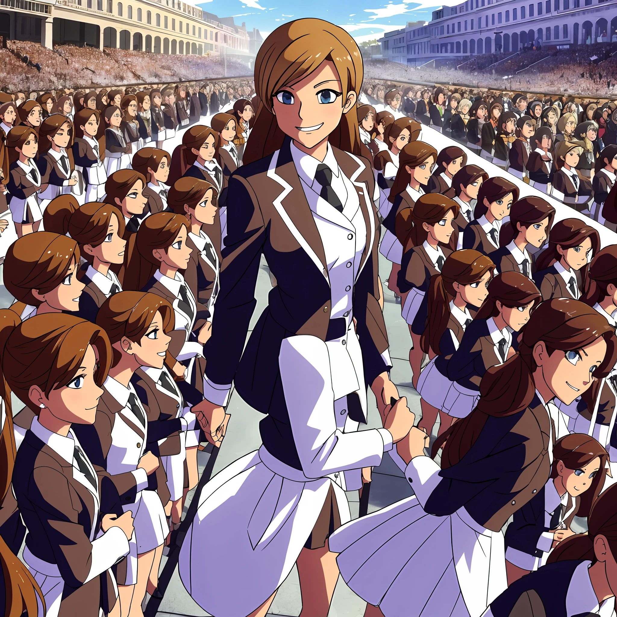 perfect anime illustration, 17 year old girls, medium breasts, multiple girls, thousands of girls, millions of girls, sisters, large crowd of sisters, (blonde girls, brown haired girls), same aged sisters, rich girls, sexy schoolgirls, brown hair, blonde hair, curly hair, long hair, different hair colors, hazel eyes, smiling, white skin, school uniform, blazer, white thigh high socks, high heels, matching outfits, highres, bedroom, full body, neat rows of sisters, neat columns of sisters, sisters standing in formation, sisters in background