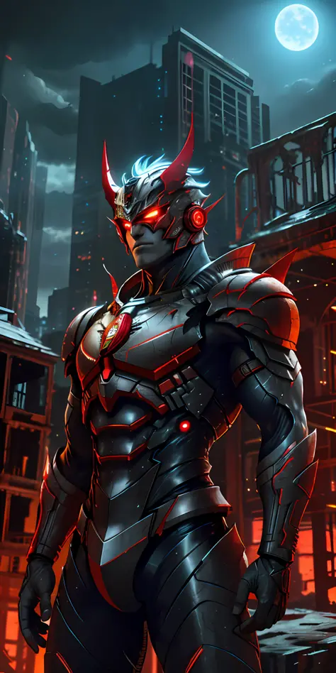 Flash wearing a bright red futuristic armor with bright yellow accents stands imposing in an abandoned haunted lost city. Moonlight highlights your muscles and scars. The scenery is lush and mysterious, with dark city and surroundings. The camera details e...