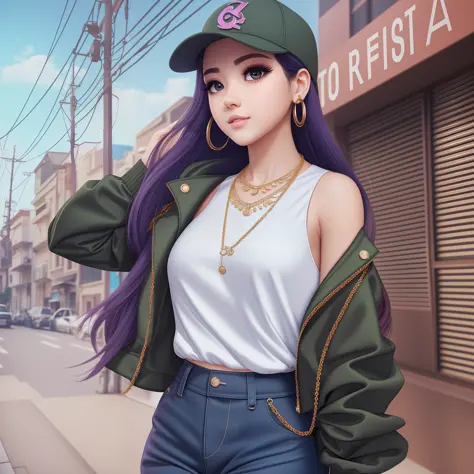 photorealistic, ultra hire, twice twi, distant gaze, ootd, hip hop style clothes, (round young face), full accessories, necklace...