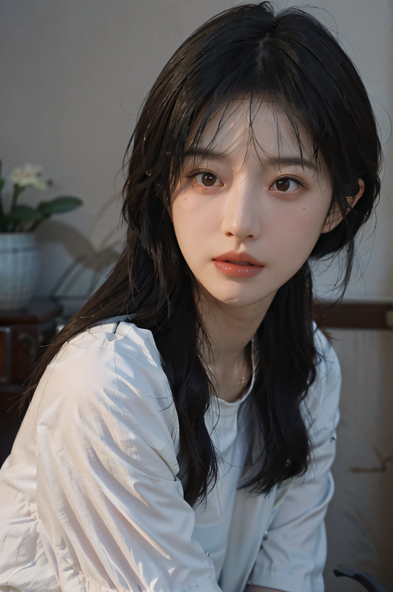 Temperament girl, delicate facial features, bangs, brown ponytail, messy hair, hair is very realistic, wearing a white shirt with short sleeves, the background is the sky, sea view, Du Qiong, exquisite makeup, light red lips, big eyes, double eyelids, black holes, bright eyes, symmetrical face, face is very real, meticulously portrayed the girl's face, blush, super high appearance, looking at the audience, very realistic skin, skin oil reflection, artwork, clothes with real fabric texture, realistic painting, film style, Photography level, ray tracing, realistic light and shadow effects, realism, masterpiece, just like the top photography effect, 8K