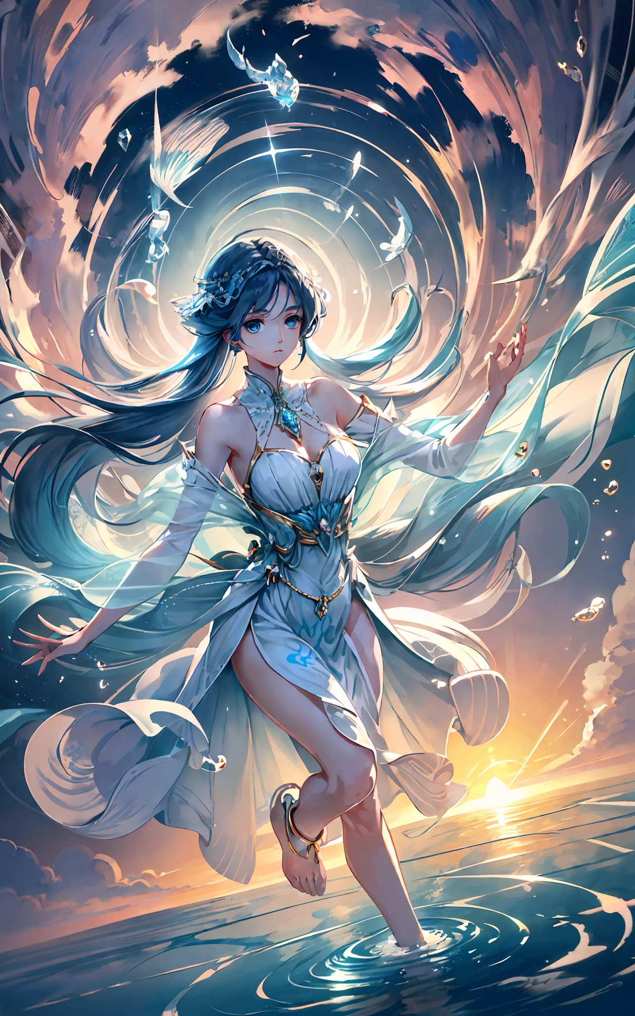 digital illustration, delicate details, (a stunningly beautiful woman descending from above:1.3), looking down below, wearing flowing white and blue gilded vests, barely touching a vast mirror-like ocean with her feet, (delicate ripples in the water:1.2), no gravity, floating, serene expression, godlike, natural lighting, vibrant prismatic colors, (art by studio ghibli:1.3), backdrop sunrise, stunning sky, gorgeous details, beautiful, stunning, fragile, crystal clear, well drawn, dynamic composition, anime style