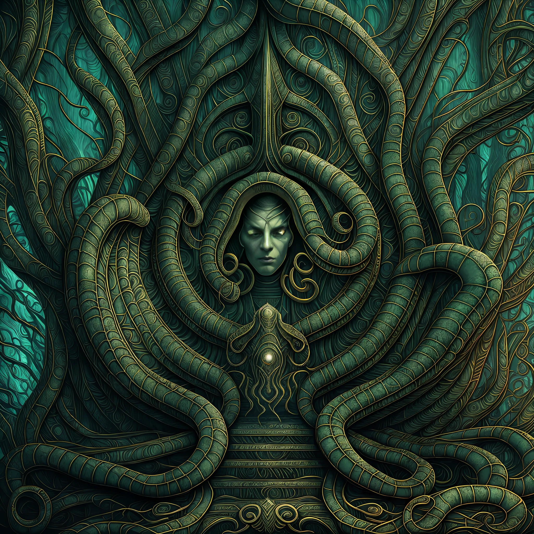 Vorderansicht, Porträt, symmetrisch, künstlerisch, scharfe Kunst , HDR, Realismus, dunkle Fantasie, Atmosphäre, Lovecraft-Stil, (JimJorCrafLogo art style:1.3) ,Medusa mit Schlangenhaar, Tempel, Stein suchen, Diamantjuwel in der Mitte, moosig. artstation, uhd, unwirkliche Engine, Strichzeichnungsstil.