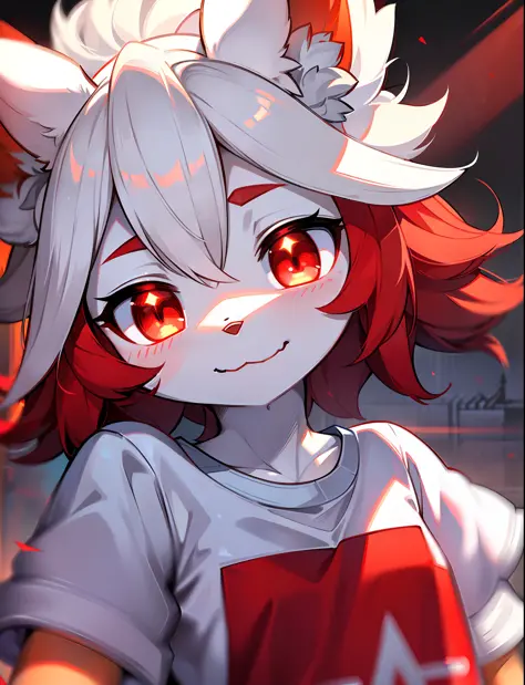 (furry, white fur, cute face, red elements on fur, glowing t-shirt),best illumination,best shadow,ambient light,(ultra detailed ...