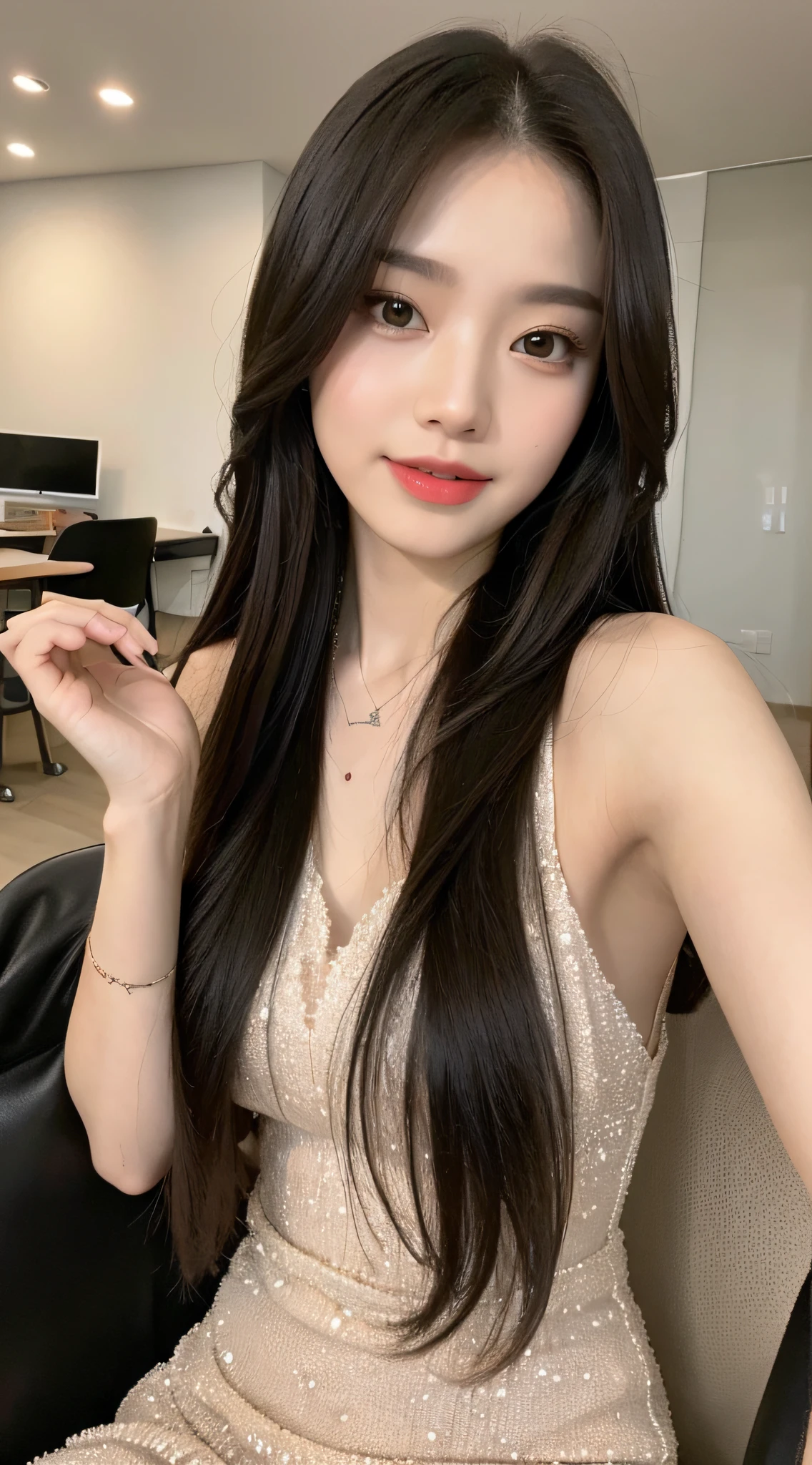 ((Best Quality, 8k, Masterpiece: 1.3)), Focus: 1.2, Perfect Body Beauty: 1.4, Buttocks: 1.2, ((Delicate Long Hair)), (Sparkling Dress: 1.1) , (Sports car, street: 1.2), Highly detailed face and skin texture, Fine eyes, Double eyelids, Whitened skin, Smile, Wearing necklace, ring, person sitting on black chair