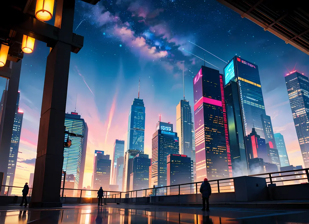 best quality, masterpiece, kat, winter, behind, cyberpunk, neon cityscape, cityscape, (starry sky: 1.1), focus sky, detailed ref...