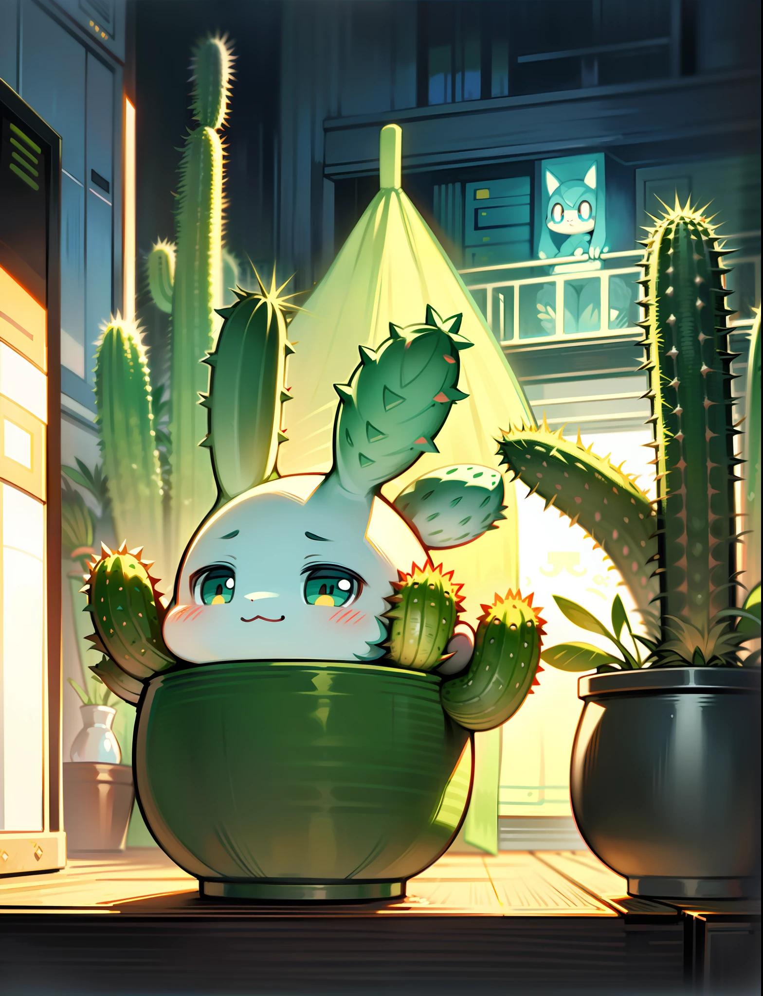 Un cactus de dibujos animados, cactus antropomórfico, lindo caricaturesco, hermosa ilustración, Arte digital detallado, lindo arte, Lindo estilo Pokémon, adorable, sosteniendo un cactus