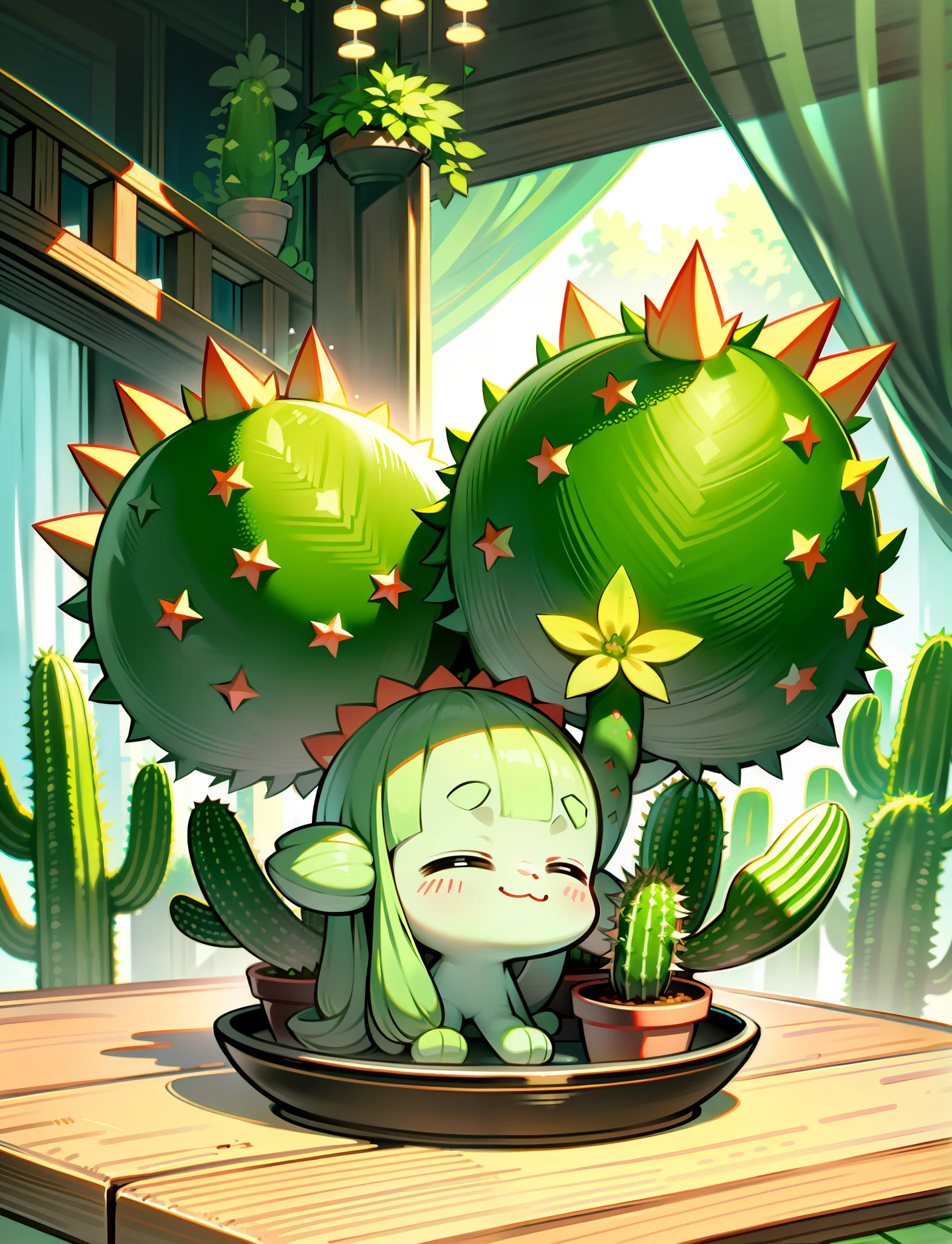 ein Cartoon-Kaktus, anthropomorpher Kaktus, süß cartoonhaft, schöne Illustration, detaillierte digitale Kunst, süße Kunst, süßer Pokemon-Stil, Liebenswert, einen Kaktus halten