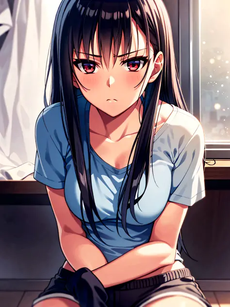 a woman in her room a single bed a window just above Large blue curtain with gray details, short sleeve t-shirt and shorts, black hair, red eyes, best quality, (CG:1.4 extremely detailed), highly detailed faces