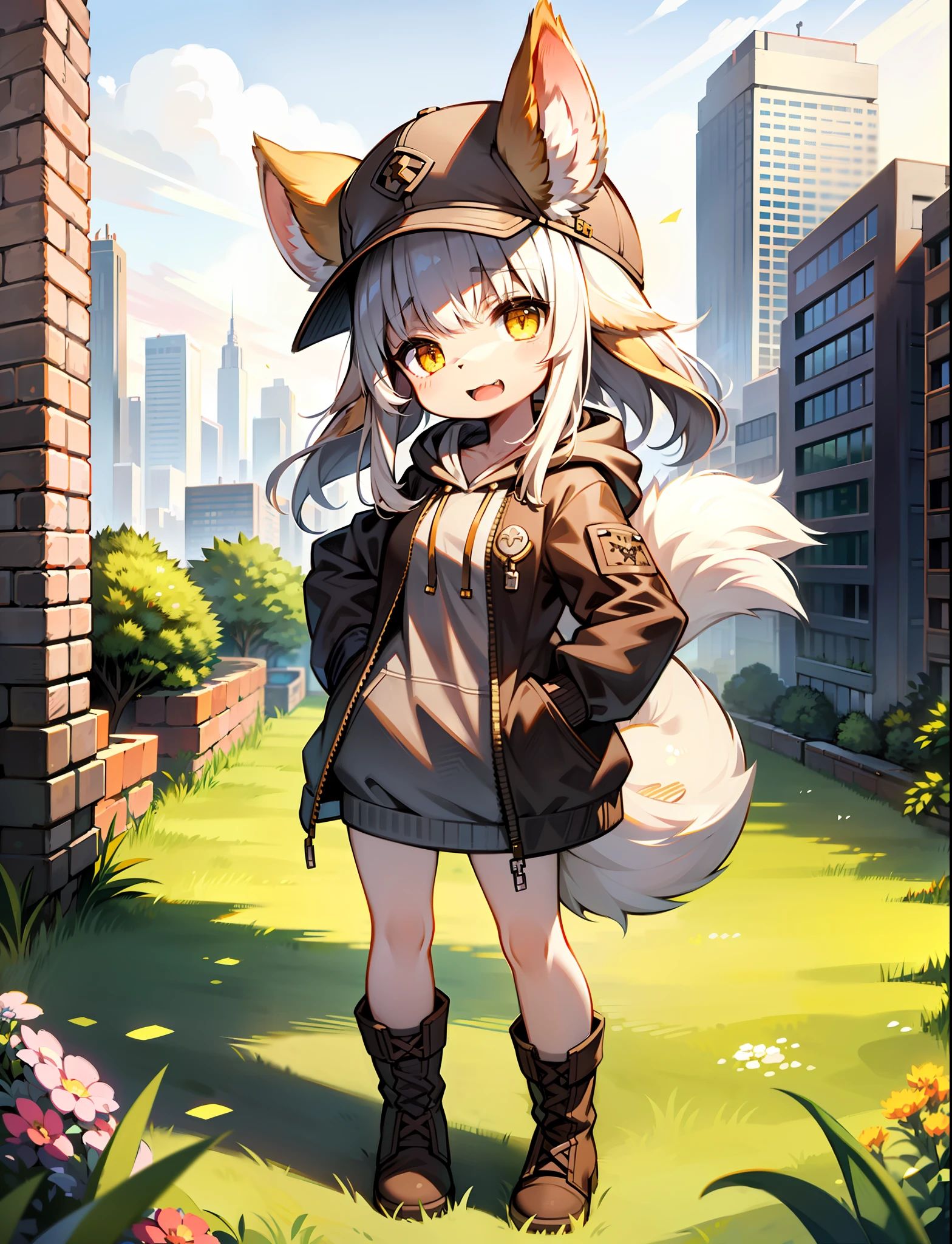 1girl, solo, furry, fluffy, brown fur, short hair, nanachi \(made in abyss\), long hair, animal ears, tail, yellow eyes, hoodie, boots, baseball cap, hand on hip, :3, open mouth, standing, looking at viewer, outdoors, city