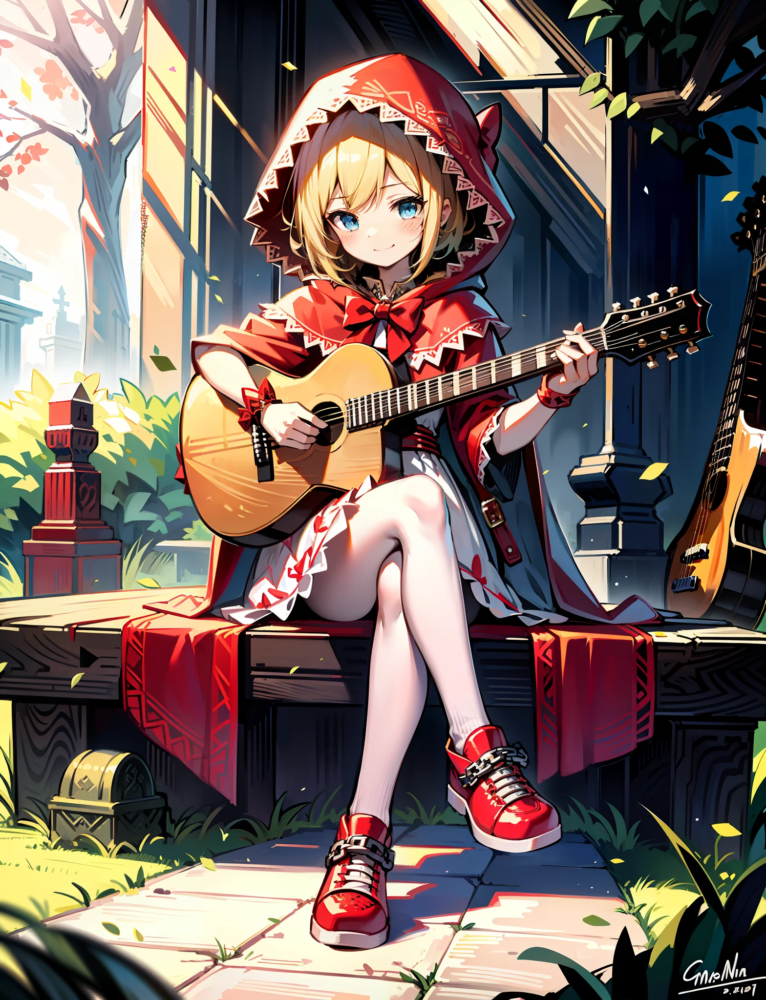 masterpiece, best quality, 1girl, blonde hair, blue eyes, chain, hood, dress, tree, instrument, short hair, red footwear, sitting, guitar, bow, red capelet, red hood, looking at viewer, little red riding hood (grimm), white dress, bare tree, signature, dated, blush, hood up, tombstone, capelet, smile, weapon, solo, red bow, artist name, shoes, cloak, electric guitar, bowtie, bangs,