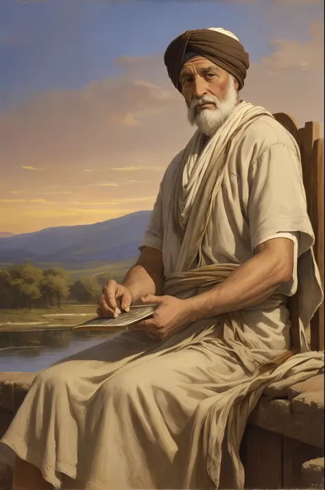 closeup of 1 man, old man in turban, of Moroccan descent, prophet sitting by a river, at sunset, beautiful face, beautiful sky, ...