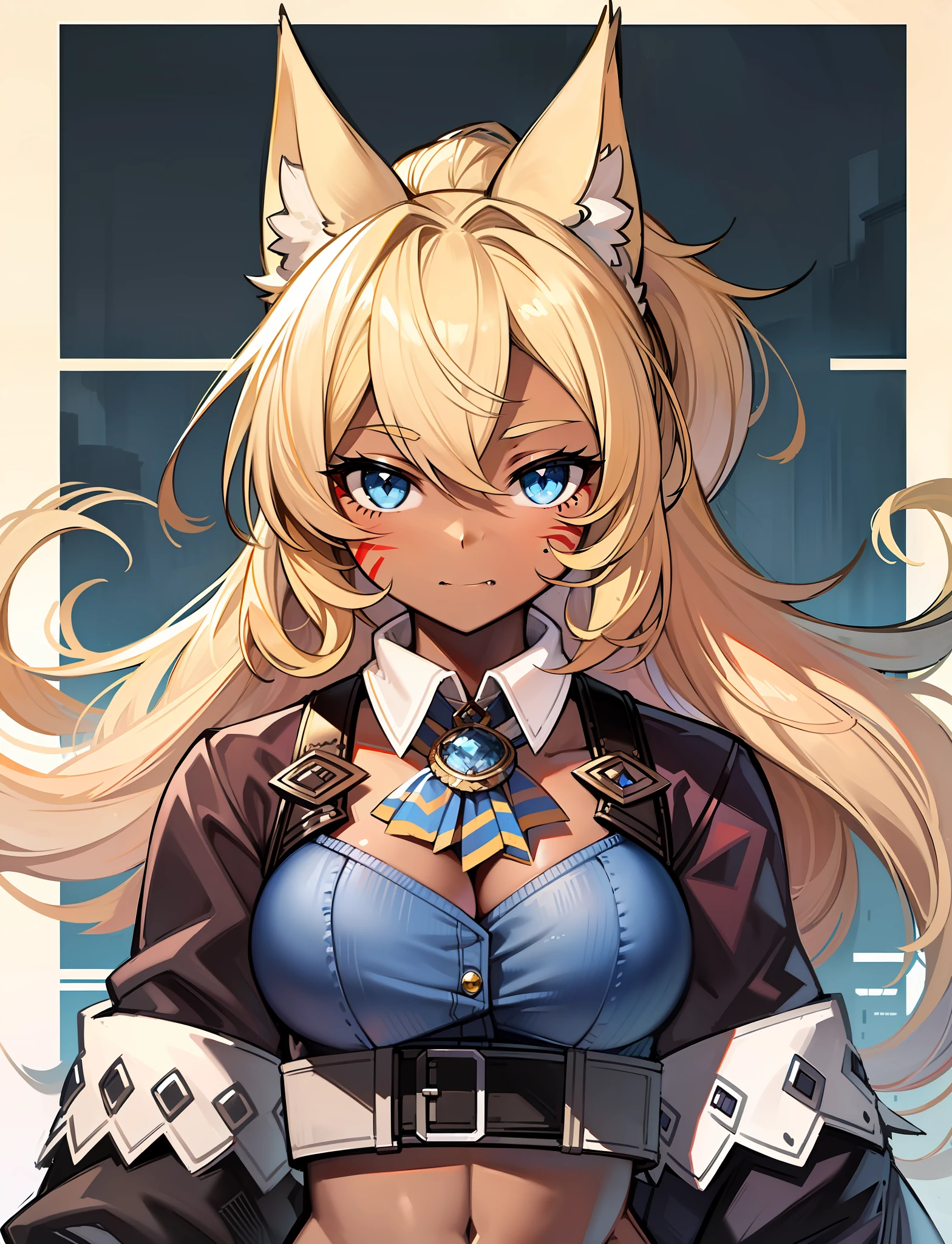 ((masterpiece, high quality, best quality:1.4)), liru, 1girl, solo, animal ears, wolf ears, blonde hair, wolf girl, dark skin, dark-skinned female, long hair, blue eyes, extra ears, tail, wolf tail, ponytail, gloves, beltbra, shorts, large breasts, denim, denim shorts, facial mark, fingerless gloves, thighhighs, fang, close-up, detailed face