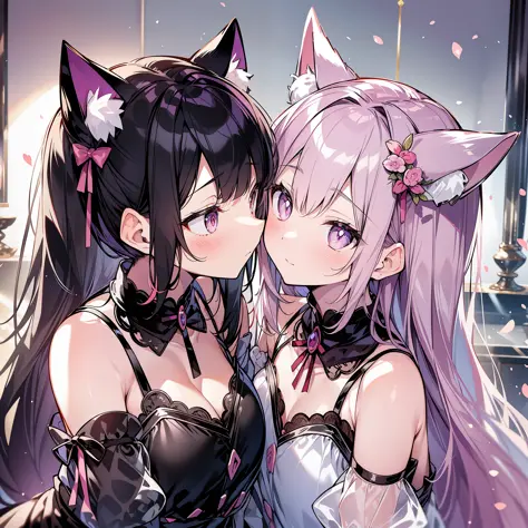 Two cat-eared loli in dresses look at each other and kiss, one with black hair and red pupils, the other with pink and purple pu...
