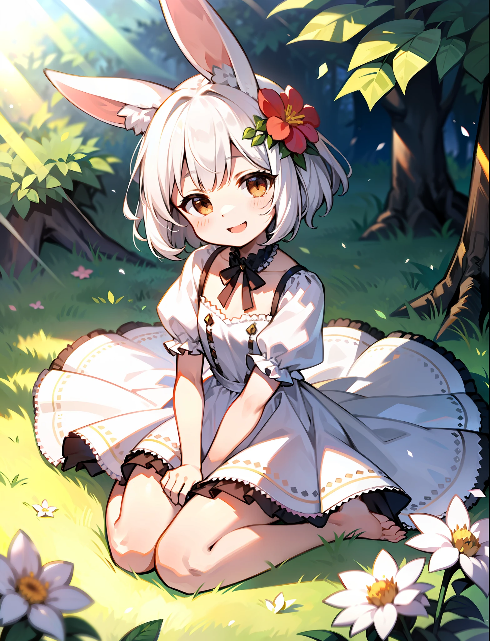 (masterpiece,best quality), 1girl,,flat chest, solo, solo focus, (animal ears, rabbit ears), barefoot, knees up, dress, sitting, short sleeves, looking at viewer, grass, short hair, smile, white hair, puffy sleeves, outdoors, puffy short sleeves, bangs, on ground, full body, animal, sunlight, brown eyes, dappled sunlight, day, depth of field, open mouth, (flower, hair flower), w, wariza, white dress,